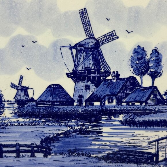 Delft Tile Blue & White Windmill Scene Ceramic Hand Painted Signed 6"x6" VTG - Picture 8 of 9